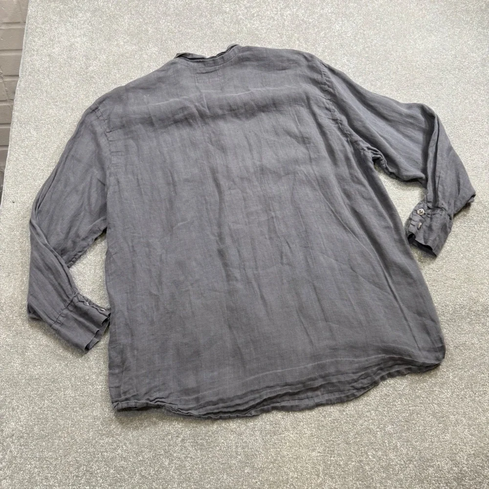 FLAX Linen Button Down Shirt Ruffle Collar Charcoal Gray Oversized L Lagenlook - Picture 3 of 11